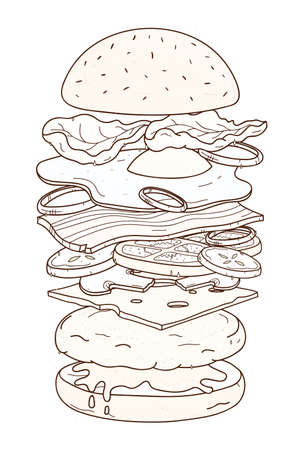 Delicious hamburger with layers or ingredients hand drawn with contour lines on white background. Drawing of burger, sandwich, fast food meal. Monochrome vector illustration in realistic styleのイラスト素材