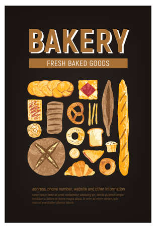 Vertical flyer or poster template with fresh bread, pastry, baked goods of various types and place for text on black background. Vector illustration for bakery or bakeshop promo, advertisementのイラスト素材