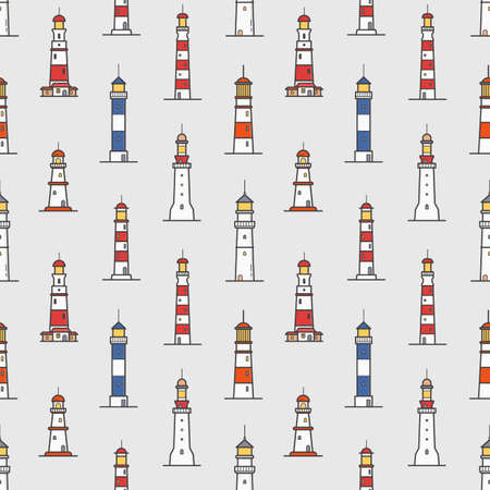Seamless pattern with lighthouses of various types on light background. Backdrop with towers or constructions for marine navigation. Colored vector illustration for wrapping paper, textile printのイラスト素材