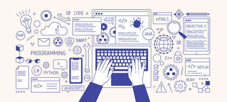 Horizontal banner with hands typing on laptop keyboard, various electronic devices and symbols....