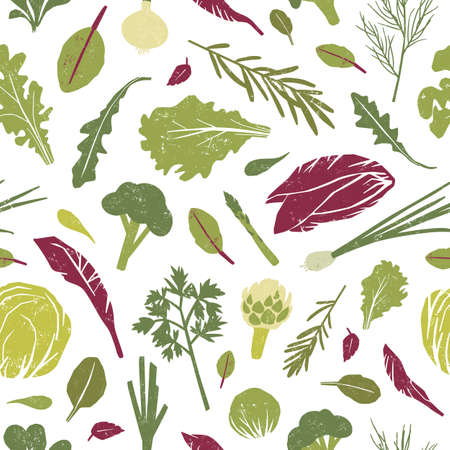 Seamless pattern with green plants, tasty vegetables and salad leaves on white background. Backdrop...