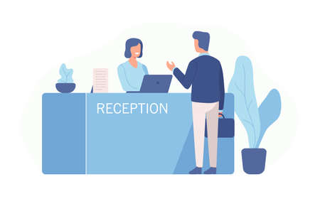 Male customer standing at reception desk and talking to female receptionist. Scene of visit to service center isolated on white background. Colorful vector illustration in flat cartoon styleのイラスト素材