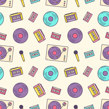 Creative seamless pattern with retro analog music player, cassette recorder, turntable, vinyl disc,...