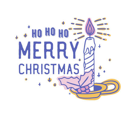 Ho Ho Ho Merry Christmas text handwritten with calligraphic font and decorated by burning candle in candlestick. Decorative composition with holiday wish. Vector illustration for greeting cardのイラスト素材