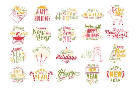 Collection of Happy New 2019 Year lettering handwritten with elegant calligraphic fonts and decorated with festive elements - baubles, deers, fir tree, gift, snow globe. Holiday vector illustrationのイラスト素材
