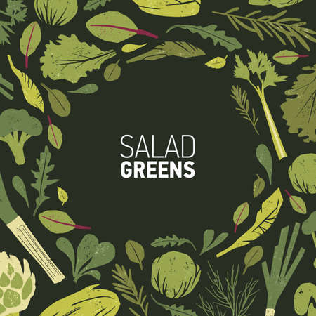 Circular frame made of green plants, salad leaves and spice herbs on black background. Decorative backdrop with round border consisted of healthy vegan or vegetarian food. Colored vector illustrationのイラスト素材