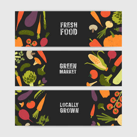 Bundle of horizontal web banner templates with tasty locally grown vegetables and place for text on black background. Vector illustration for fresh food, vegetarian festival, farm market promotionのイラスト素材