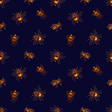 Seamless pattern with honey bees on dark background. Apiculture or beekeeping backdrop. Colorful hand drawn vector illustration in elegant vintage style for wrapping paper, textile print, wallpaper.の写真素材