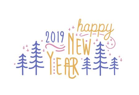 Happy New Year 2019 phrase handwritten with elegant cursive font. Written festive wish decorated by...