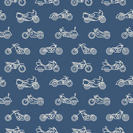 Monochrome seamless pattern with motorcycles of various models drawn with white outlines on blue background - chopper, bobber, sport and motocross bikes. Vector illustration in trendy linear styleのイラスト素材
