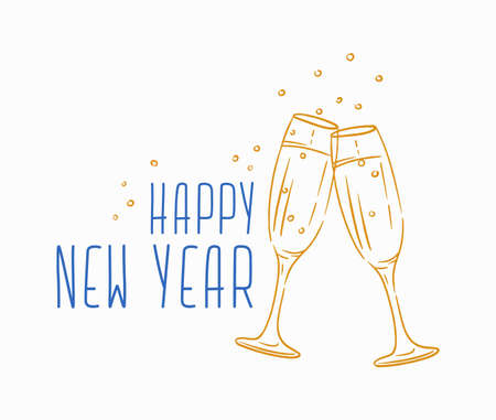 Happy New Year message handwritten with calligraphic font. Written festive phrase or wish decorated by clinking champagne glasses. Seasonal vector illustration for holiday greeting card, postcardのイラスト素材