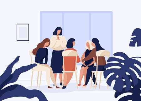 Female characters sitting on chairs in circle and talking to each other. Group therapy, psychotherapeutic meeting or psychological aid for women. Colorful vector illustration in modern flat style.のイラスト素材