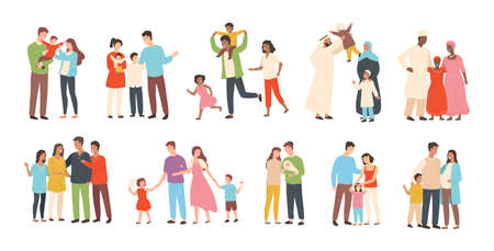 Set of happy traditional heterosexual families with children. Smiling mother, father and kids. Cute cartoon characters isolated on white background. Colorful vector illustration in flat styleのイラスト素材