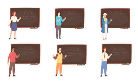 Collection of male and female school or college teachers, professors, education workers standing beside chalkboard, holding pointer and teaching. Colorful vector illustration in flat cartoon styleのイラスト素材