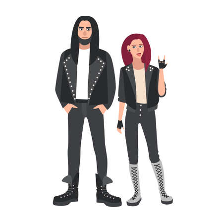 Young couple dressed in black leather clothes. Man and woman demonstrating sign of horns hand gesture. Rock music fans. Rocker subculture or counterculture. Vector illustration in flat cartoon styleのイラスト素材
