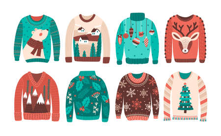 Bundle of ugly Christmas sweaters or jumpers isolated on white background. Set of seasonal knitted warm winter clothing with weird prints. Colorful vector illustration in flat cartoon styleのイラスト素材