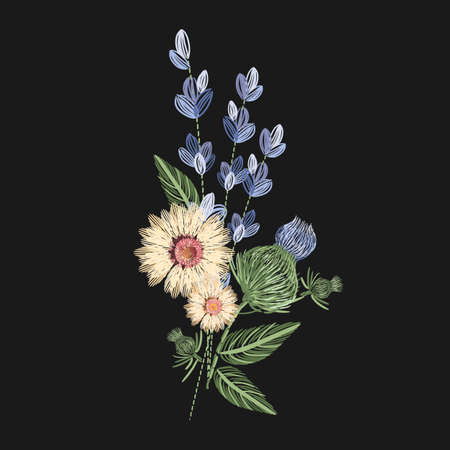 Bouquet of wild flowers embroidered with colorful threads on black background. Embroidery design with herbaceous plants or flowering herbs. Trendy needlework or fancywork. Colored vector illustrationのイラスト素材