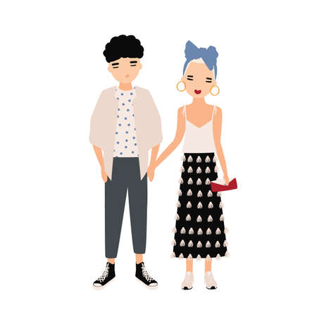 Young man and woman dressed in elegant clothes standing together. Fashionable couple, stylish pair. Cartoon characters isolated on white background. Colored vector illustration in flat styleのイラスト素材