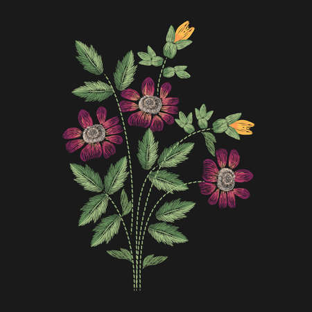 Meadow flower embroidered with pink, yellow and green stitches on black background. Elegant embroidery design with wildflower or herb. Fancywork or hand made work. Colored vector illustrationのイラスト素材