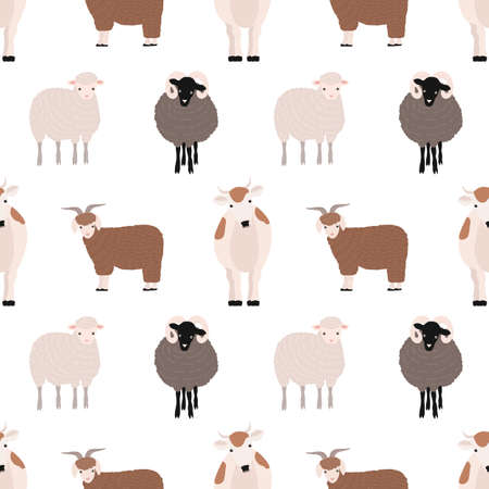 Seamless pattern with cute farm animals on white background. Backdrop with domestic livestock - cow, goat, sheep, ram. Colorful vector illustration in flat cartoon style for fabric print, wallpaper.の写真素材