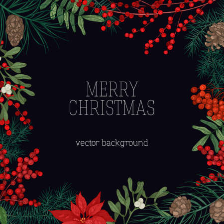 Square frame or border made of branches and cones of coniferous trees, poinsettia leaves, holly and mistletoe berries hand drawn on black background and Merry Christmas wish. Vector illustrationのイラスト素材
