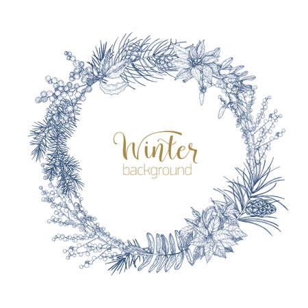 Decorative wreath made of branches and cones of pine and spruce trees, poinsettia leaves and holly berries hand drawn with contour lines. Winter background. Monochrome realistic vector illustrationのイラスト素材