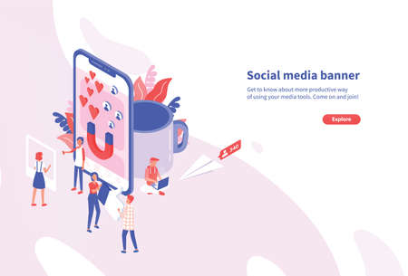 Creative horizontal web banner template with tiny people and giant smartphone. Social media and network tools for internet promotion and advertisement. Modern colorful isometric vector illustration.のイラスト素材