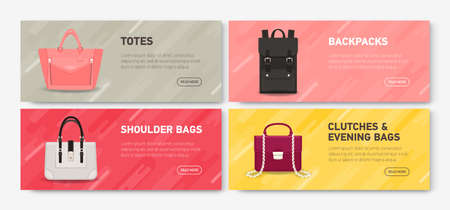Collection of horizontal web banner templates with stylish backpack and handbags of different types and place for text. Colorful vector illustration for bag store or boutique promotion, advertisementのイラスト素材