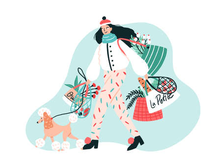 Smiling young woman dressed in trendy outerwear walking her poodle dog on leash and carrying bags with purchased products. Stylish pet owner. Colorful vector illustration in flat cartoon styleのイラスト素材