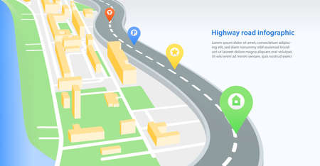 Colorful horizontal banner template with highway or road crossing city with map pins or location...