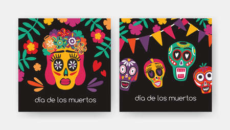 Bundle of square cards with Dia De Los Muertos inscription, Mexican calaveras or sugar skulls, Catrina's face on black background. Holiday vector illustration for Day of The Dead party invitationのイラスト素材