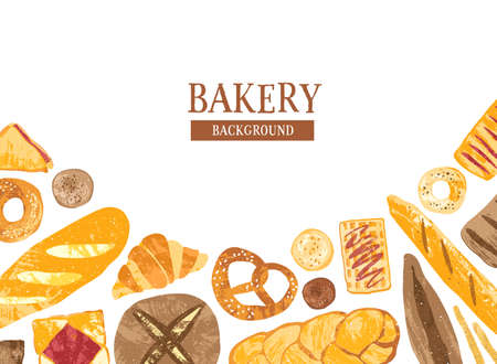 Horizontal background decorated with hand drawn breads, baked products and sweet pastry of various types on white background. Colorful vector illustration for bakery advertisement, promotionのイラスト素材