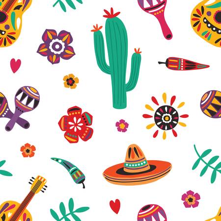 Mexican seamless pattern with traditional Mariachi sombrero, guitar, maracas, cactus, pepper, flowers on white background. Motley vector illustration for textile print, wrapping paper, wallpaperのイラスト素材