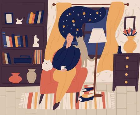 Young girl with closed eyes and night starry sky or space instead of hair sitting in chair and dreaming or daydreaming. Fantasy and imagination. Colorful vector illustration in flat cartoon style.の写真素材