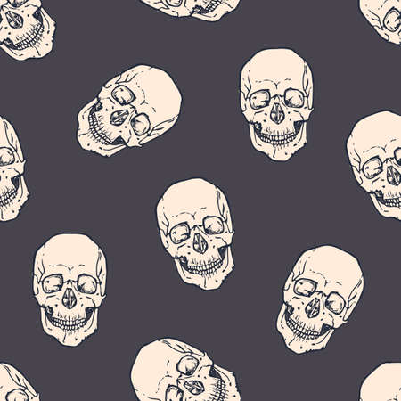 Seamless pattern with horrible realistic human skulls on dark background. Backdrop with frightening dead heads. Halloween monochrome vector illustration for wrapping paper, wallpaper, textile print.の写真素材