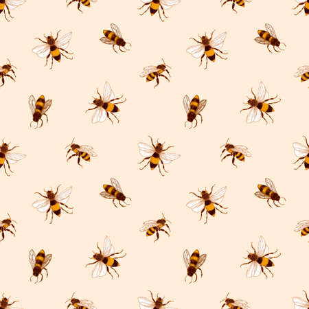 Elegant seamless pattern with honey bees on light background. Apiculture or beekeeping backdrop. Colored hand drawn vector illustration in retro antique style for wrapping paper, fabric print.の写真素材
