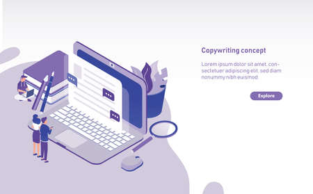 Modern horizontal web banner template with tiny people standing in front of giant laptop and looking at text displaying on screen. Copywriting, content management and SEO. Colored vector illustration.のイラスト素材
