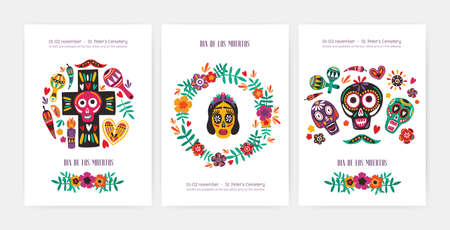 Bundle of flyer, poster or party invitation templates with Mexican calaveras or skulls, Catrina's face, cross, flowers and candles. Motley vector illustration for Day of The Dead festival promotionのイラスト素材