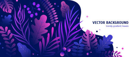 Trendy natural horizontal background with gradient colored lush tropical vegetation, exotic leaves...