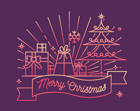 Horizontal greeting card or postcard template with Merry Christmas wish on ribbon, decorated spruce tree and festive gifts. Elegant vector illustration in line art style for holiday celebration.の写真素材