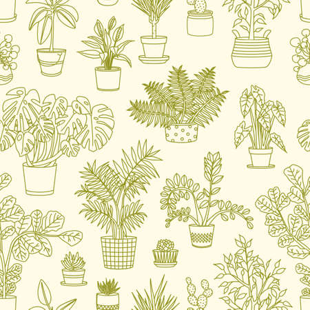 Monochrome seamless pattern with plants growing in planters drawn with contour lines on light background. Backdrop with decorative houseplants. Home gardening. Vector illustration for fabric printのイラスト素材