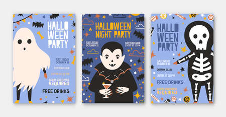 Bundle of Halloween party invitation, flyer or poster templates with cute vampire, skeleton, spooky ghost and place for text. Colored vector illustration in flat cartoon style for holiday celebrationのイラスト素材