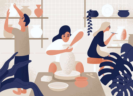 Men and women making and decorating pots, earthenware, crockery and other ceramics at pottery workshop. Group of people enjoying their hobby. Colorful vector illustration in flat cartoon style.の写真素材