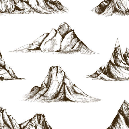 Monochrome seamless pattern with mountain peaks hand drawn with contour lines on white background. Backdrop with rocky cliffs. Vector illustration in vintage woodcut style for fabric print, wallpaper.のイラスト素材