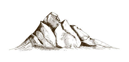 Mountain peak, top or summit hand drawn with contour lines on white background. Elegant retro drawing of rocky cliff or mount. Monochrome vector illustration in vintage etching or woodcut styleのイラスト素材