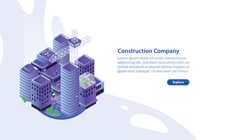 Trendy horizontal web banner template with modern buildings or skyscrapers, crane and place for text. Construction company service promotion or advertisement. Colorful modern vector illustrationのイラスト素材