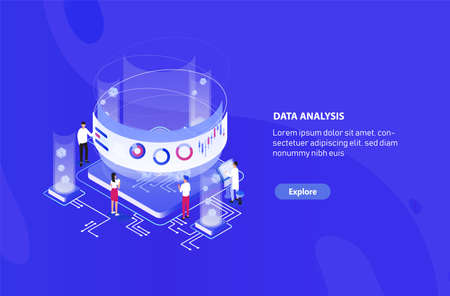 Creative web banner template with tiny people standing around giant integral circuit, charts, diagrams and graphs on virtual screen. Big data analysis, statistical analytics. Vector illustration.のイラスト素材