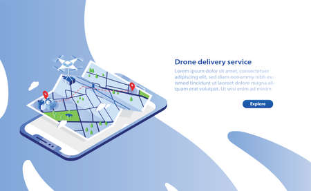 Web banner template with drone carrying box and flying above city map and giant smartphone. Delivery service with automated quadrotor, modern electronic device. Isometric vector illustration.のイラスト素材