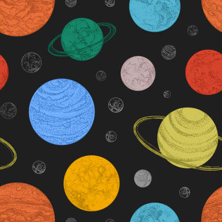 Seamless pattern with planets and other celestial bodies in outer space. Backdrop with cosmic objects hand drawn in dotwork style. Colorful vector illustration for wrapping paper, textile printのイラスト素材