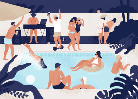 Young men and women having fun at outdoor or open-air swimming pool party. People diving, floating...